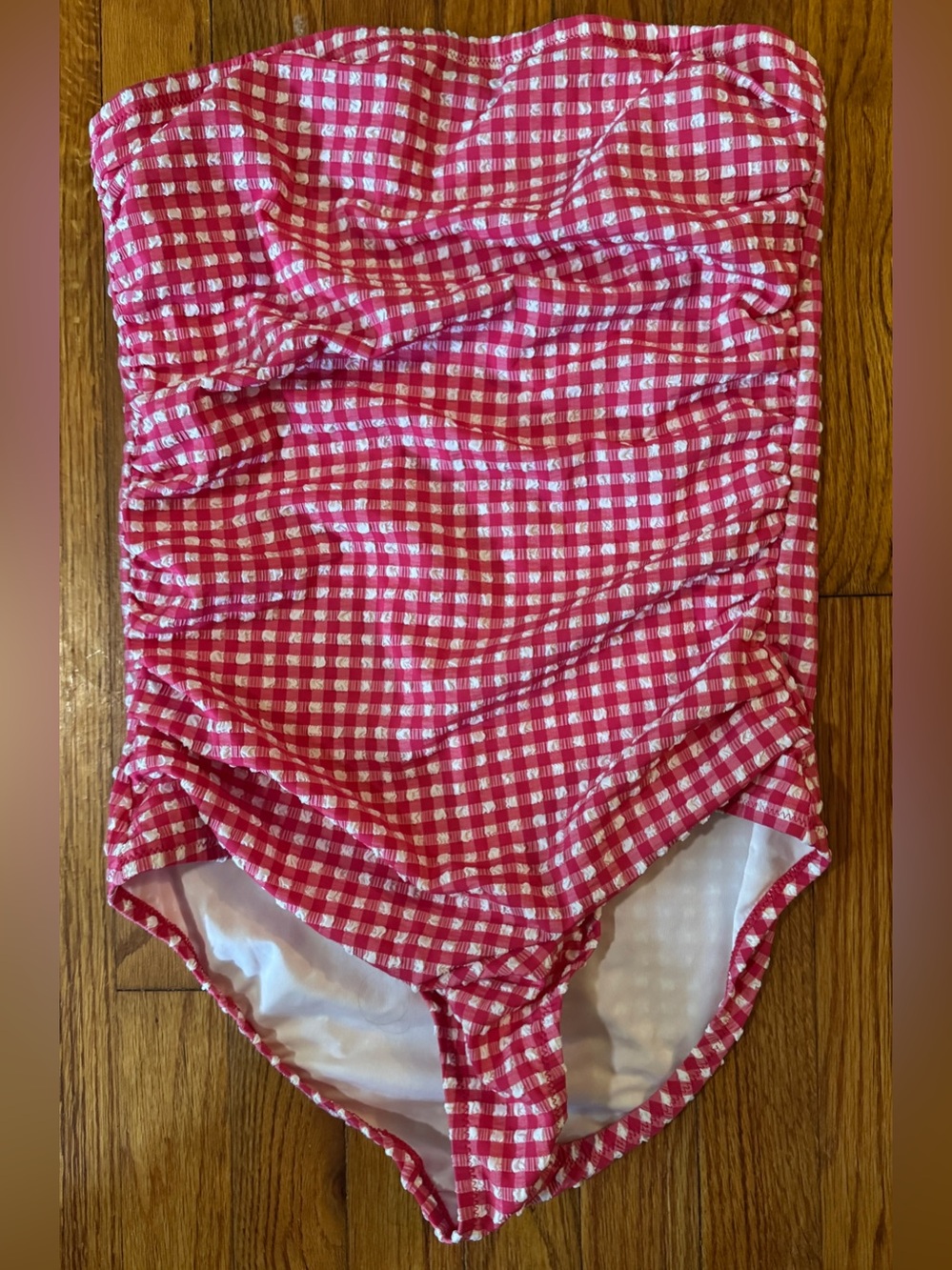 Vintage J.Crew Raspberry /White Gingham Seersucker strapless One-Piece Swimsuit